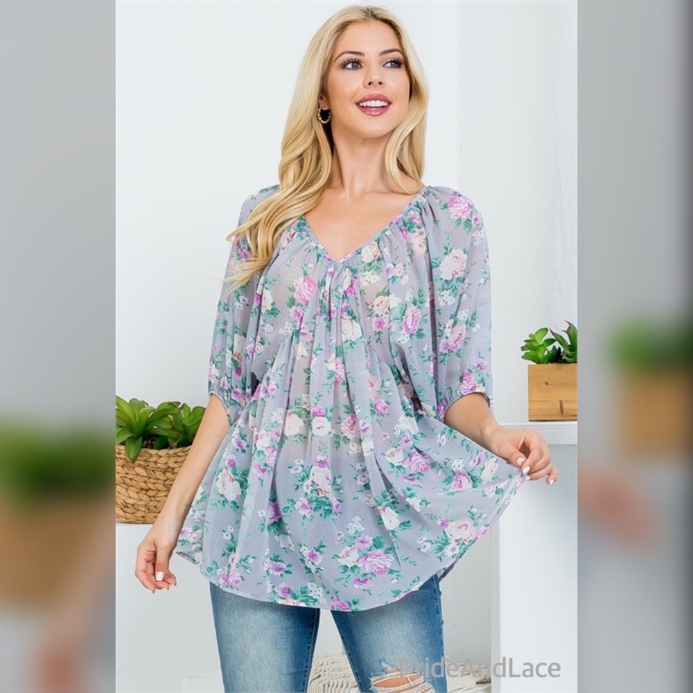 GRAY FLORAL PRINT TOP